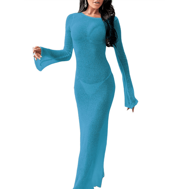 Robe Maxi de Plage pour Femme en Crochet, Manches Longues, Maille, Dos Ouvert, Tricot, par-Dessus de Maillot de Bain, Bleu et Vert, TG