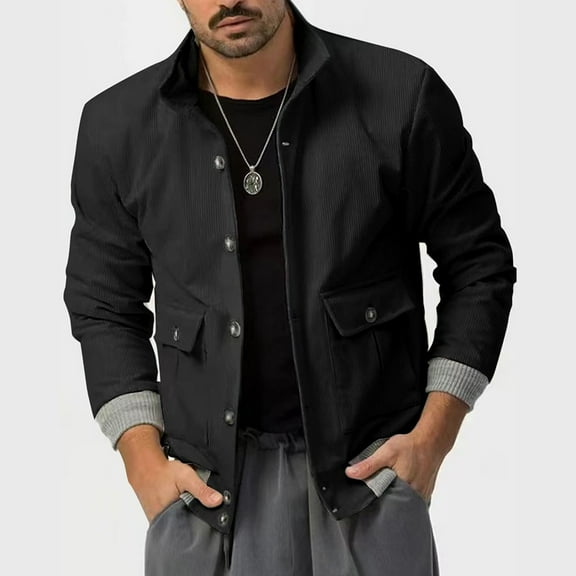 Maoxin Mens Jacket Men's British Solid Color Plus 350g Corduroy Long Sleeved Fashionable Jacket Workwear Stand Up Collar Jacket Jacket Black M