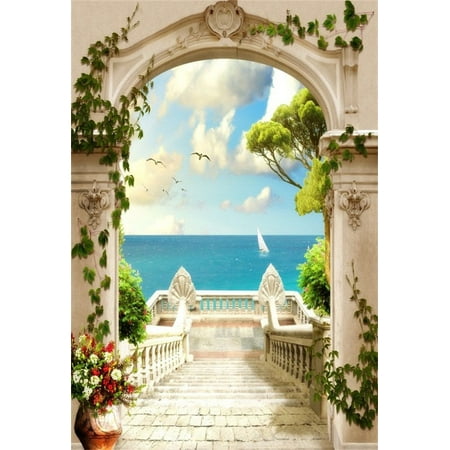 Image of HelloDecor 5x7ft Backdrop Photography Background Fresco Digital Photo Backdrop Sea View Seagull Old Arch Stairway Scenery Nature Background Boys Girls Children Photo Adults Portraits Backdrop