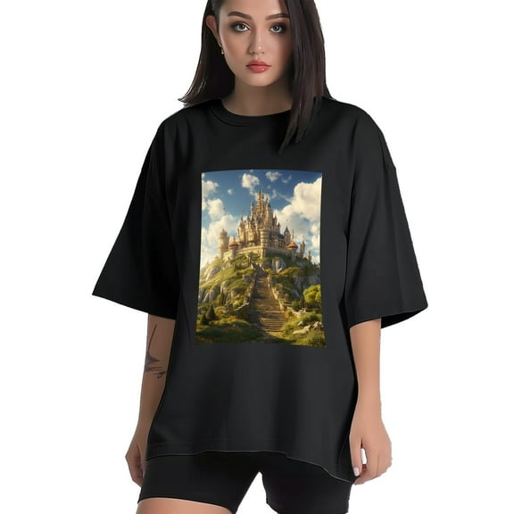 Plus Size Shirt for Women Black Tops for Women Short Sleeves Shirt for Women Castle (21） T Shirt Crewneck Shirt for Women XS