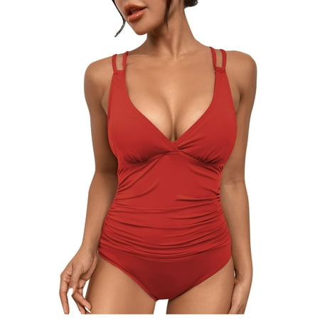 LEBONYARD Floral Pattern One-Piece Swimsuit Fashion Women Comfortable Sexy-Neck Short Sleeve Fold Printed Set Red L