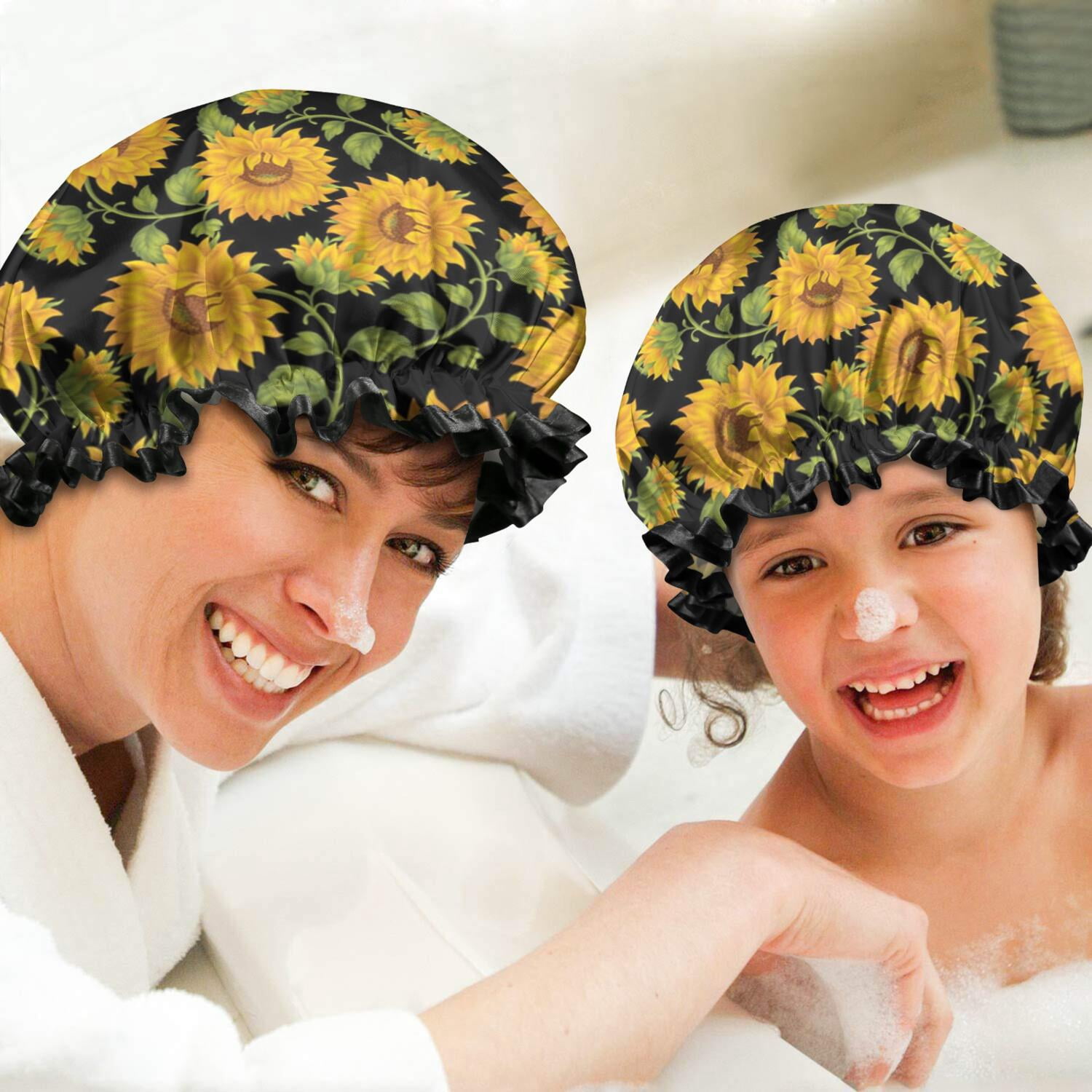 Shower Caps,Black Green Stem Sunflower Pattern Waterproof Shower Cap for Women 4 Pieces,Double Reusable Hair Cover for Shower PEVA Elastic Stretch Hem
