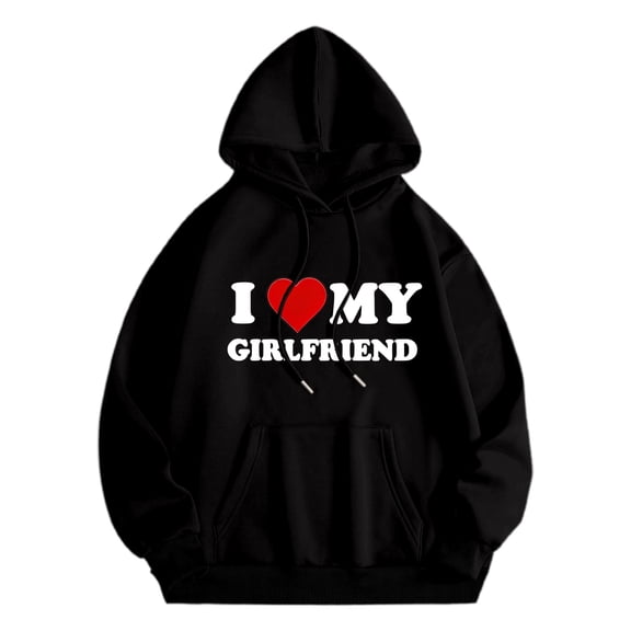 Puliio I Love My Girlfriend Hoodies For Men Love Heart Print Long Sleeve Valentines Day Hooded Sweatshirt Sweater Pullover Tops Cute Funny Gifts Clothes