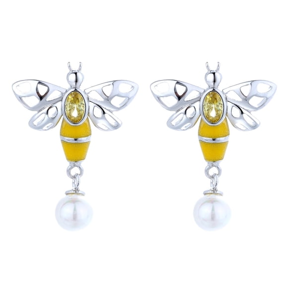 Sterling Silver Crystal Pearl Bee Drop Earrings with Simulated Diamonds and Cultured Pearls