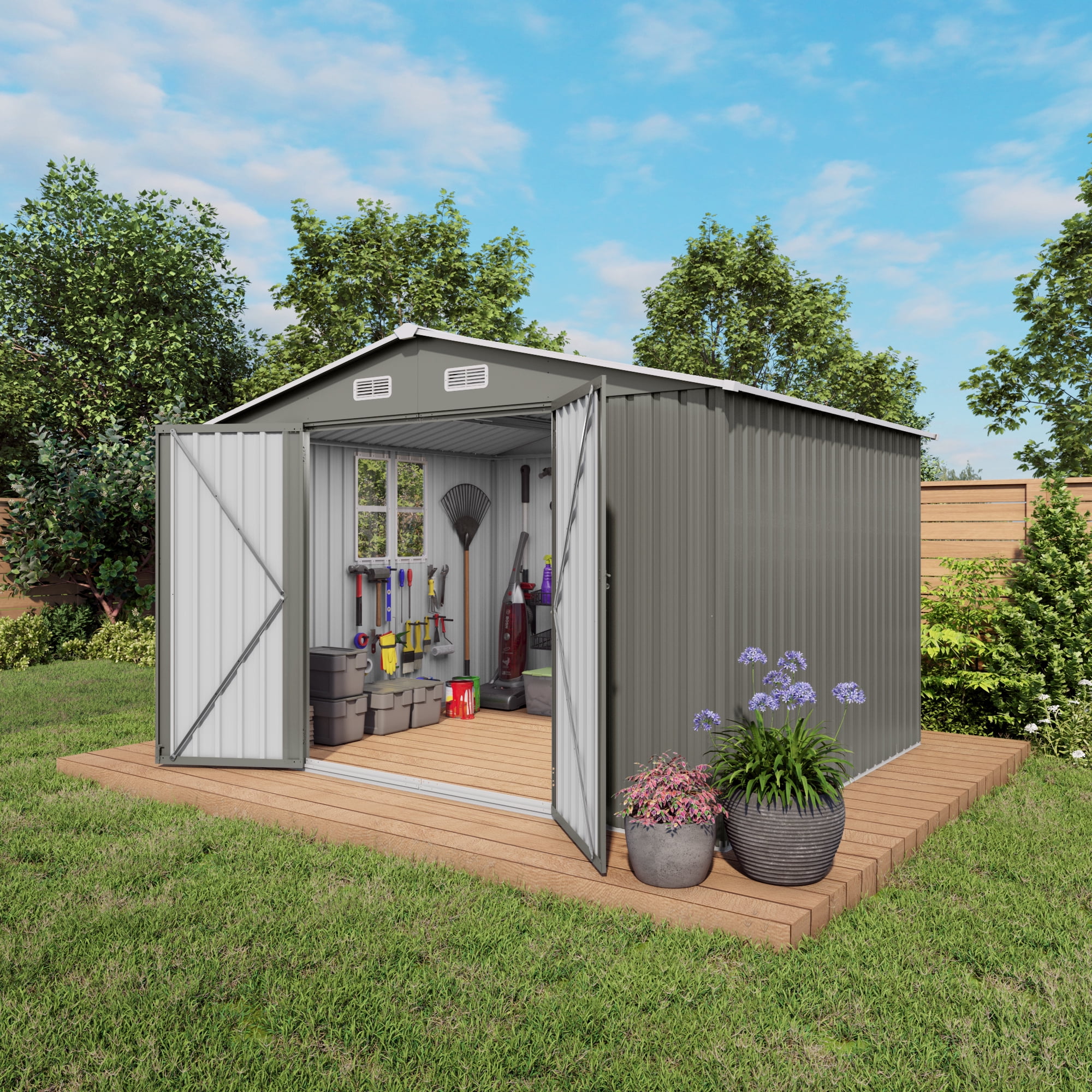 Leumius 10x8 FT Outdoor Storage Shed, Large Metal Storage Shed, Lockable Door and Air Vent, Clear Window Garden Tool Shed for Bicycles, Tools, Lawnmowers, Backyards, Patios, Lawns Gray