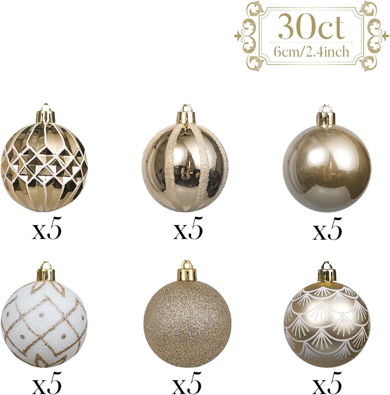Valery Madelyn 30ct 2.36 inches Christmas Ornaments, White Gold Shatterproof Christmas Ball Ornaments Set, Hanging Tree Ornaments Bulk for Xmas Party Decor