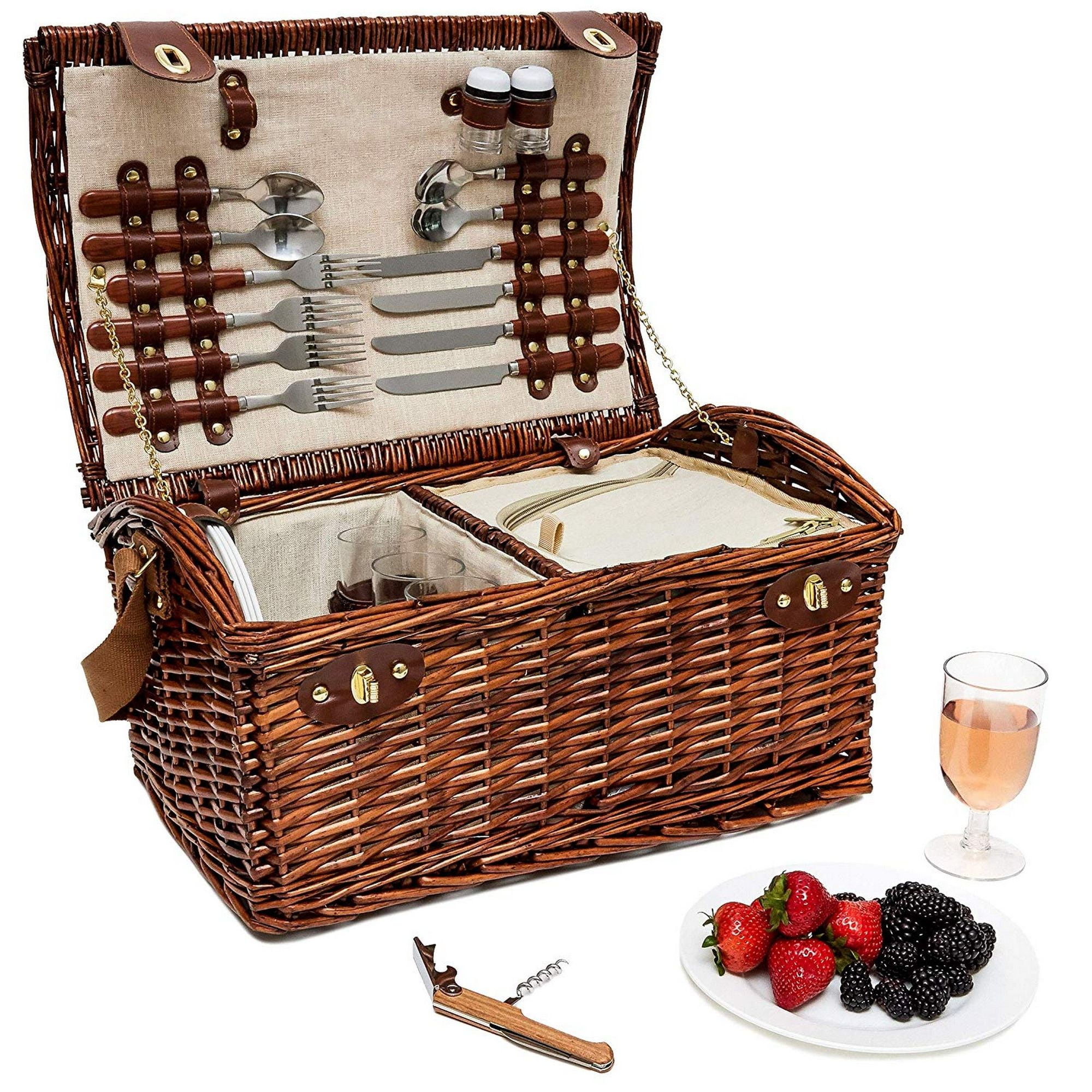 Large Wicker Picnic Basket for 4 with Insulated Cooler Bag and Supplies