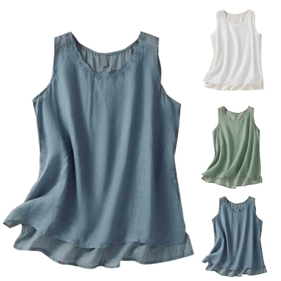 YHAJDS Womens Plus Size Tank Tops Solid Color Round Neck Sleeveless Linen Like Top For Spring Summer