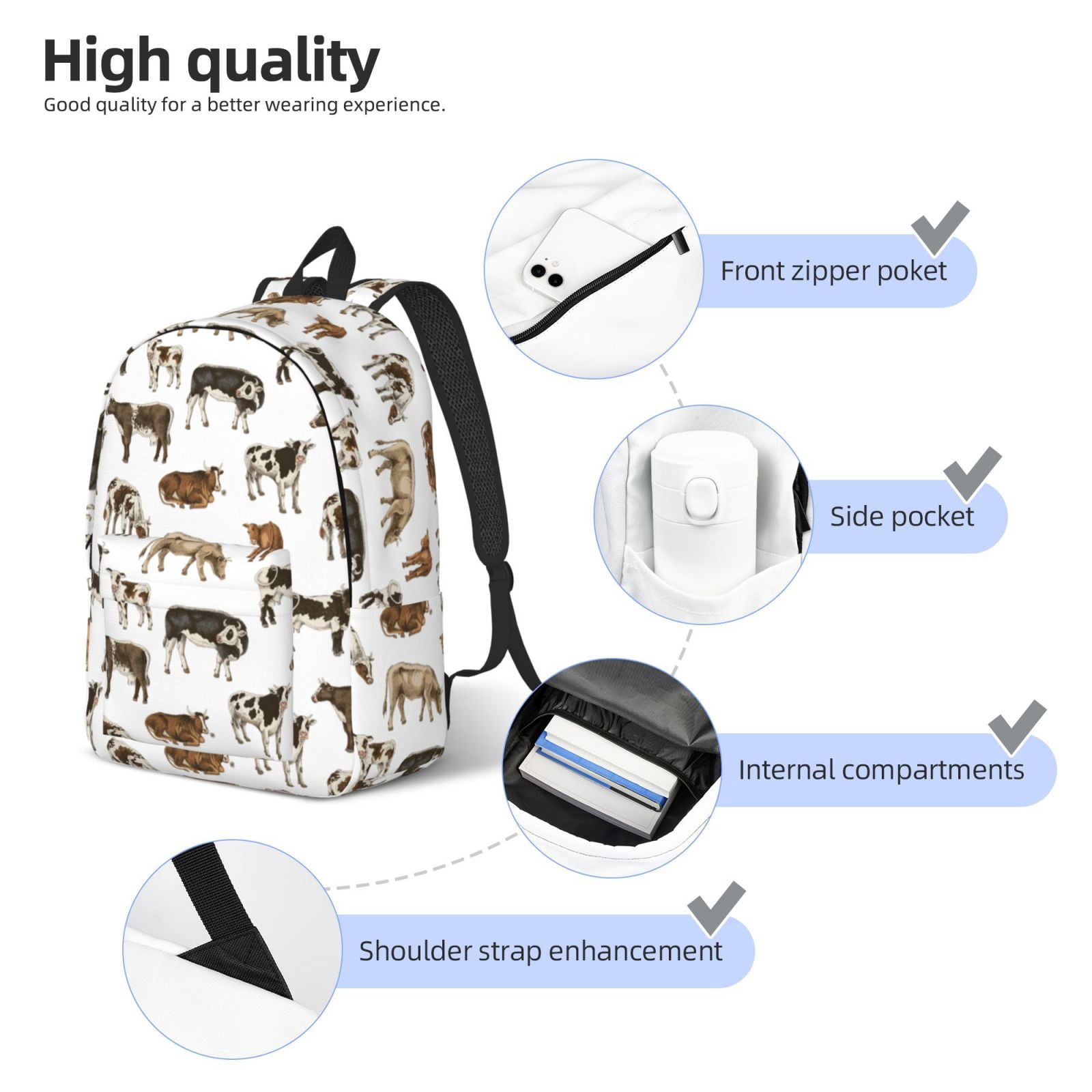 Vsdgher Cow Print Canvas Backpack Travel Rucksack Unisex Knapsack 15.7/17.7Inch Laptop Backpack for Work,College -Medium