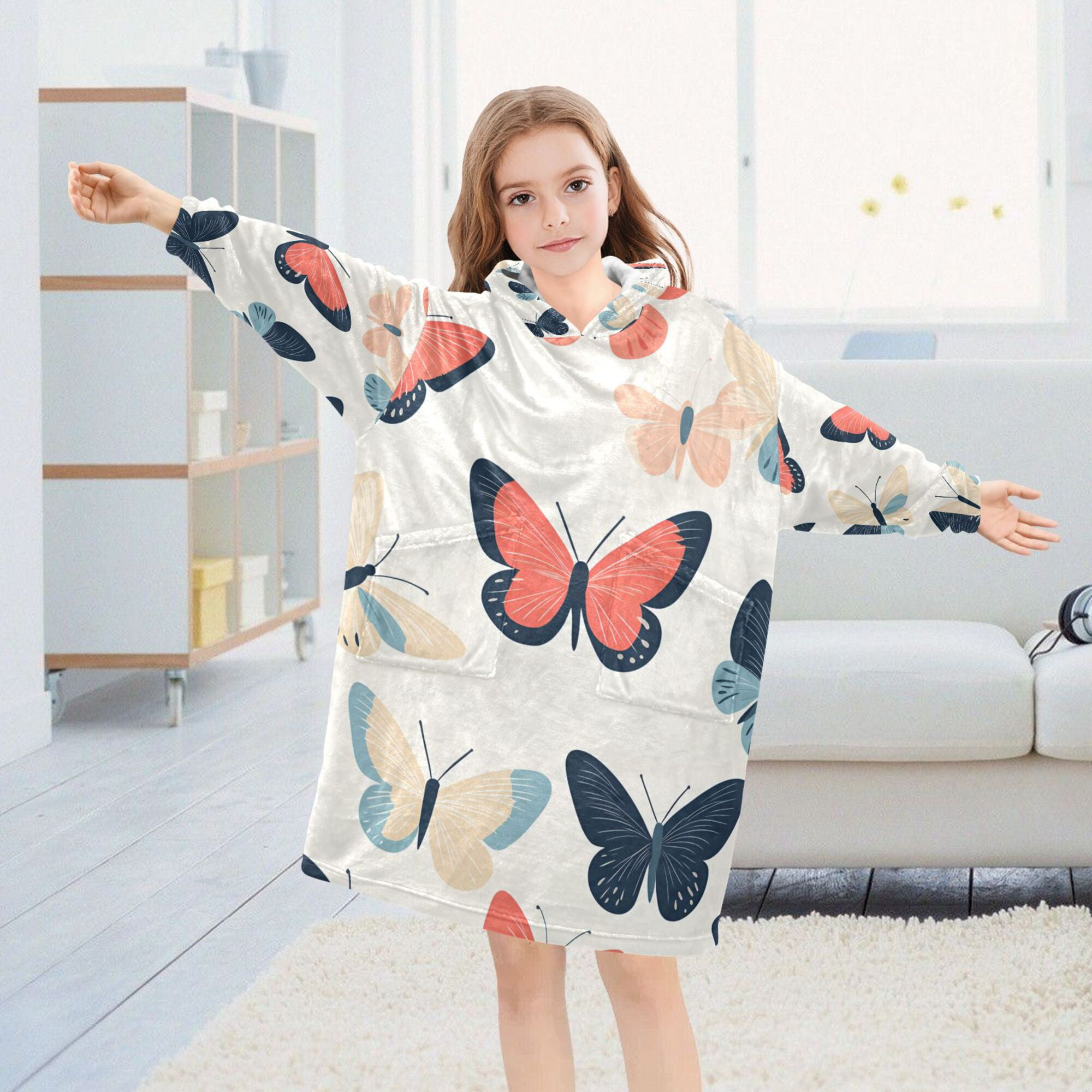 FORMRS Wearable Blanket Hoodie with Sleeves for Kids Cozy Flannel Sweatshirt, Beige Butterflies