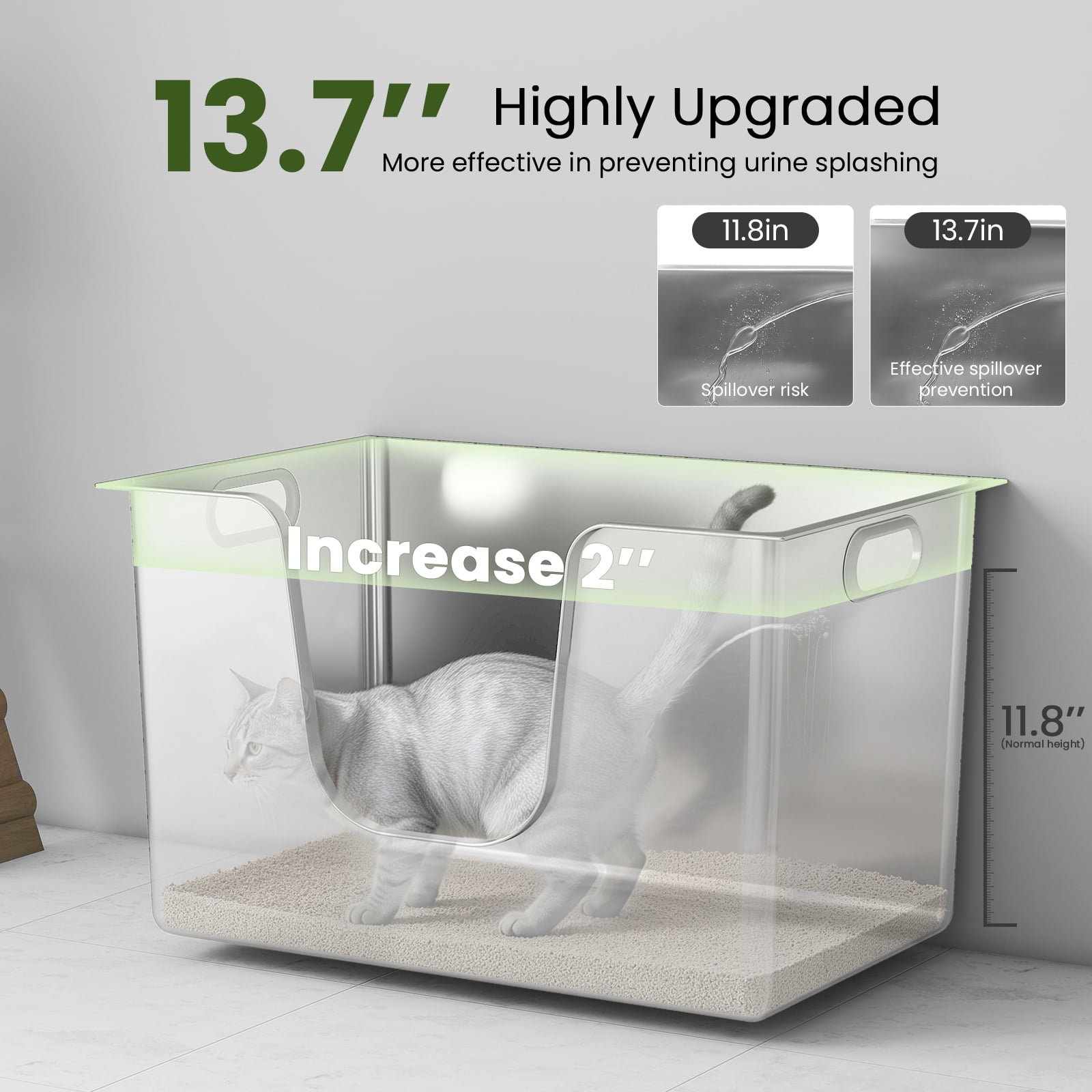 Ptlom Extra Large Stainless Steel Litter Box with 13.7'' High Sides Leak Proof
