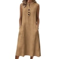 thumbnail image 2 of BRGZLK Womens Summer Linen Maxi Dress Loose Casual Sleeveless Henley Neck Button Up Vacation Beach Sundress with Pockets,Sundress Travel Vacation Outfits Khaki L, 2 of 5
