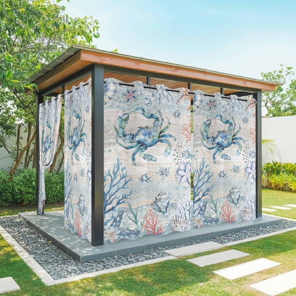 Outdoor Curtains for Patio Waterproof, Coastal Crab Windproof Pravicy Outside Porch Blackout Curtain, Nautical Beach Ocean Conch Coral Starfish Sun Blocking Curtains for Cabana 2 Panels 54"x108"