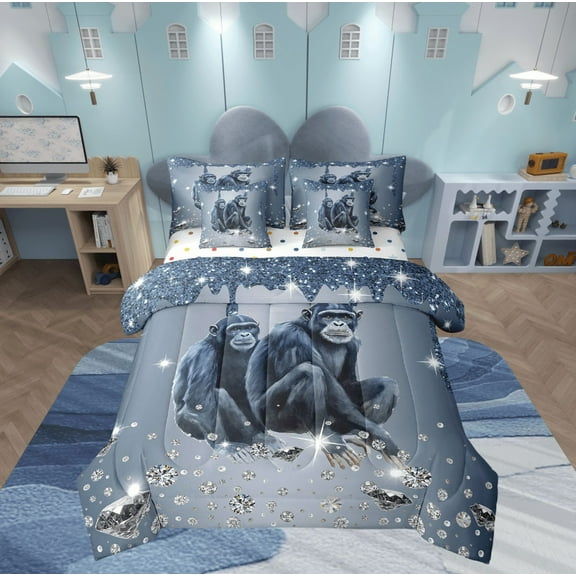 Chimpanzee Comforter Set 7 Piece Bed in a Bag Twin,Grey Sequin Fluid Art Bedding Set,Crystal Diamond Comforter and Sheet Set Animal Bed Set,Jungle Wildlife Room Decor