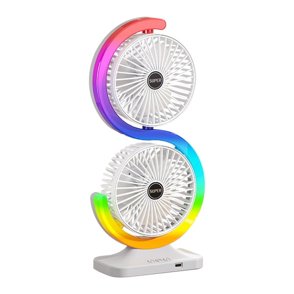 HOARBOEG Double Head Desk Fan with Ambient Lights, Quiet USB Rechargeable Mini Circulating Fan, 3 Speeds Portable Personal Fan for Office Bedroom Desktop, Digital Display