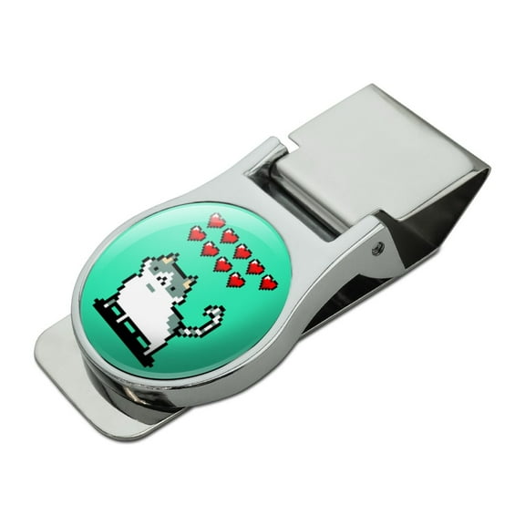 Nine Lives Cat Pixel Retro Game Satin Chrome Plated Metal Money Clip