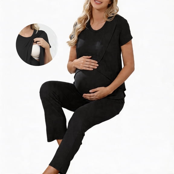 Zando Womens Bamboo Maternity Nursing Pajamas Set Layer Soft Postpartum Lounge Set for Woman Tulip Hem Breastfeeding Woman PJ 2 Piece set