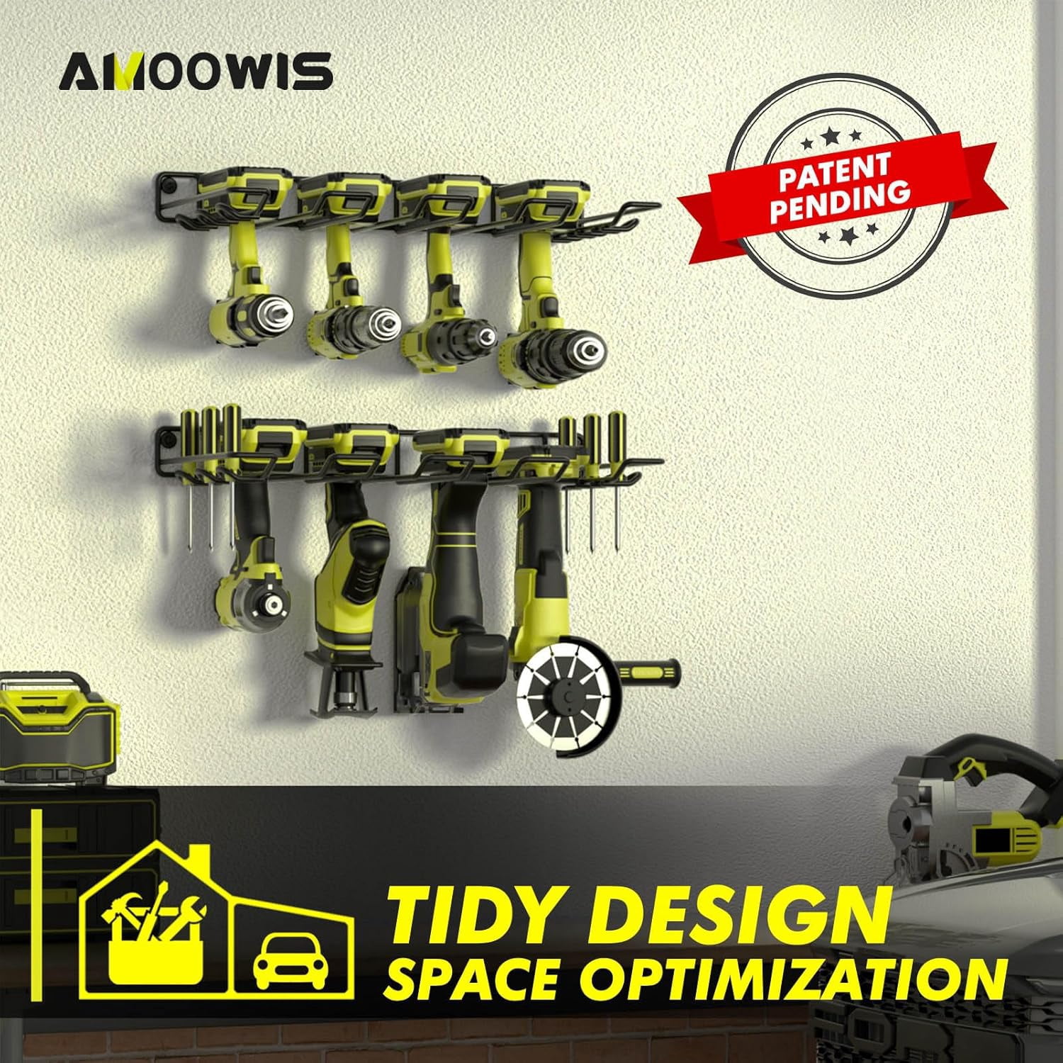 Wall Mount Drill Holder Power Tool Organizer with 2 Metal Shelves, Heavy-Duty Alloy Steel Storage Rack for Garage & Workshop, Black