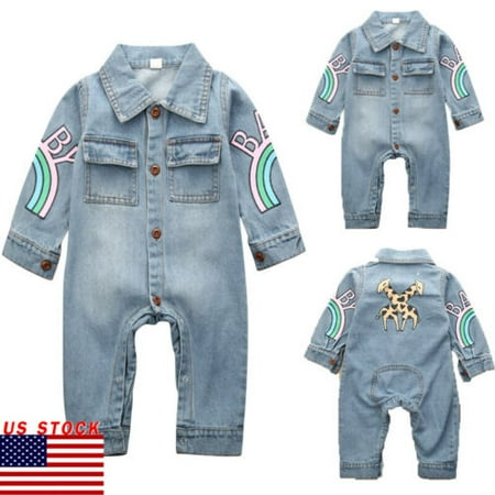 

Newborn Baby Boy Kid Giraffe Denim Fabric Romper Autumn Clothes Outfits 3-18M