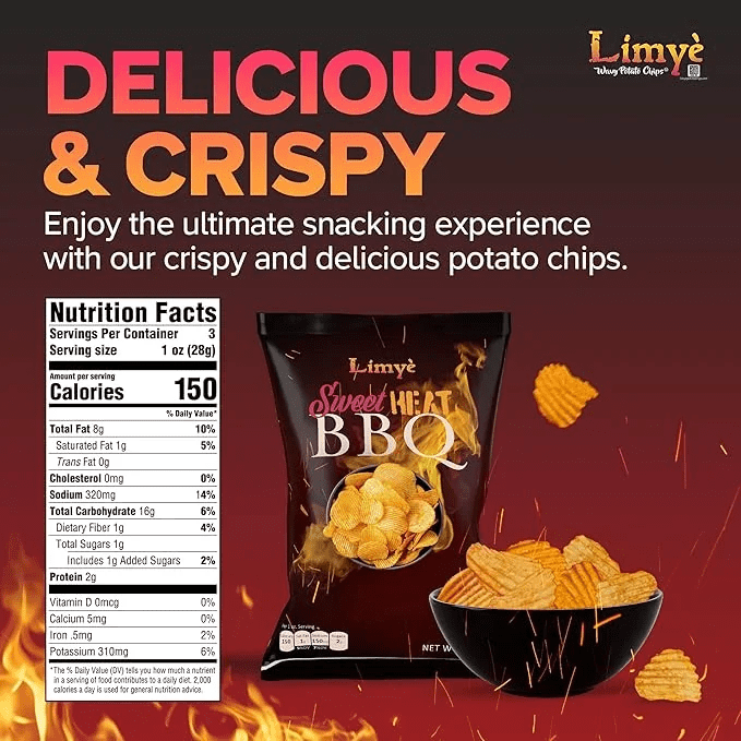 Limyè Potato Chips, World Spice Flavor and Sweet Heat BBQ, Kosher, Allergen Free, Vegan, 12 Pack, 3 Oz