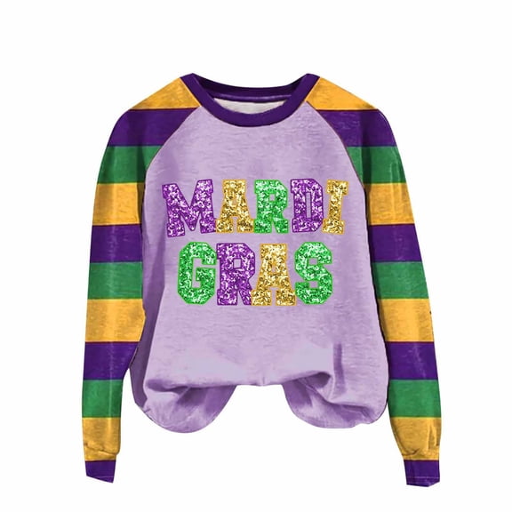 Sexlip Womens Long Sleeve Sweatshirt Mardi Gras Letter Print Design Contrast Sleeve Soft Fabric for Casual Wear Purple XL