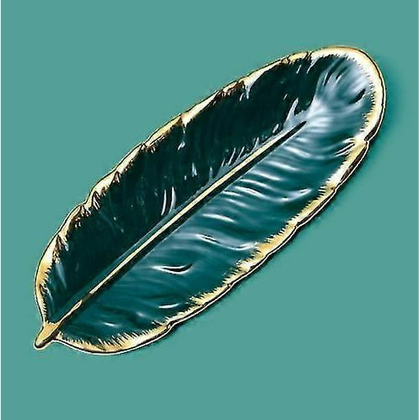 Ceramic Dessert Plate with Feather & Banana Leaf Design - Food Safe Storage Tray for Fruits, Snacks, Jewelry Organizer
