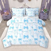 Manfei Girly Blue Ribbon 7 Pieces Bedding Comforter Set for Kids, Kawaii Cartoon Bow-tie Full Bedding Set, Princess Bowknot Style Reversible Fitted Sheet Flat Sheet, Luxury Bedroom Decor