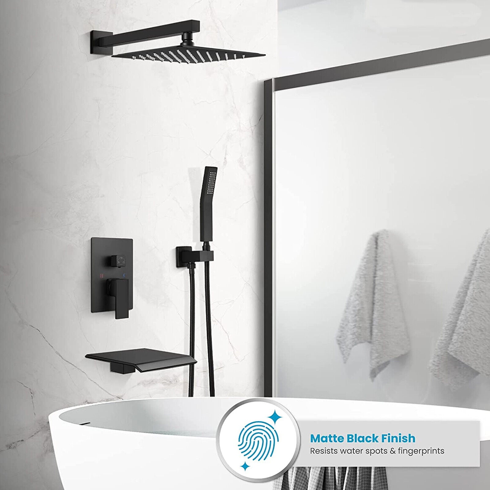 Zovajonia Matte Black Shower System 12 Inches Shower Faucet Set, Rain Shower Head with Handheld Spray Bathroom Wall Mount Shower Fixtures with Tub Spout