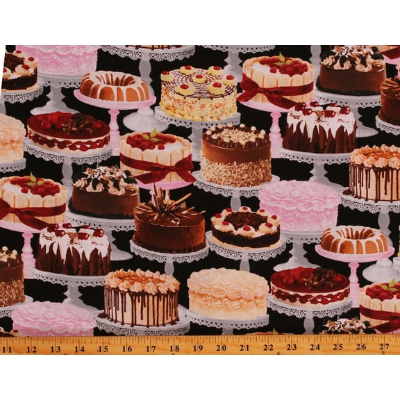 Cotton Cakes Desserts Pastries Sweets Food Black Cotton Fabric Print by the Yard (FOOD-C8387-MULTI)