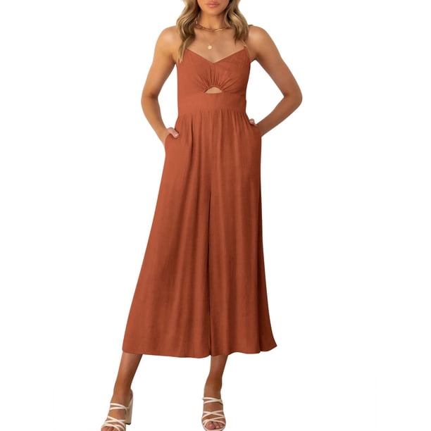 Txlixc, mono de tirantes finos de verano para mujer, mono de Color sólido con cuello en V y cintura alta, peleles de pierna ancha con bolsillos Txlixc Estilo de ocio