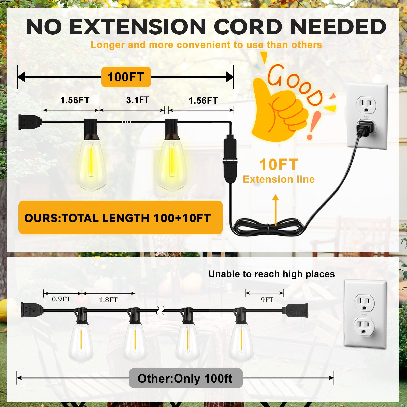 100+10FT LED Outdoor String Lights with Remote, Light Sensor Mode & DIY Timer, 32 Shatterproof ST38 Edison Bulbs, Waterproof & Weatherproof for Patios, Gardens, Energy-Saving, Connectable