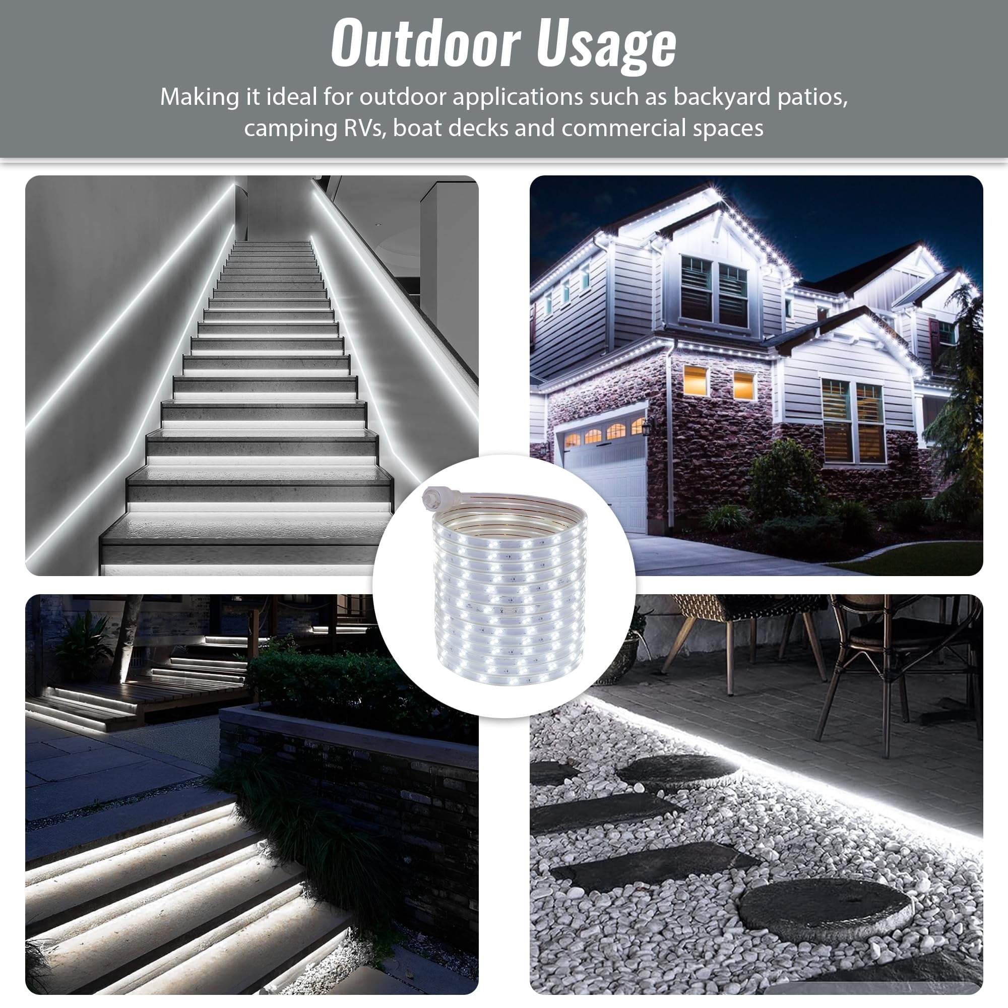 WYZworks 1860LEDs 100ft Cool White 16-Mode Flat LED Outside Strip Lights SMD 2835 Waterproof Permanent Heavy Duty Outdoor Exterior Accent Lighting, ETL Certified, Connectable Flexible Clear PVC Shell