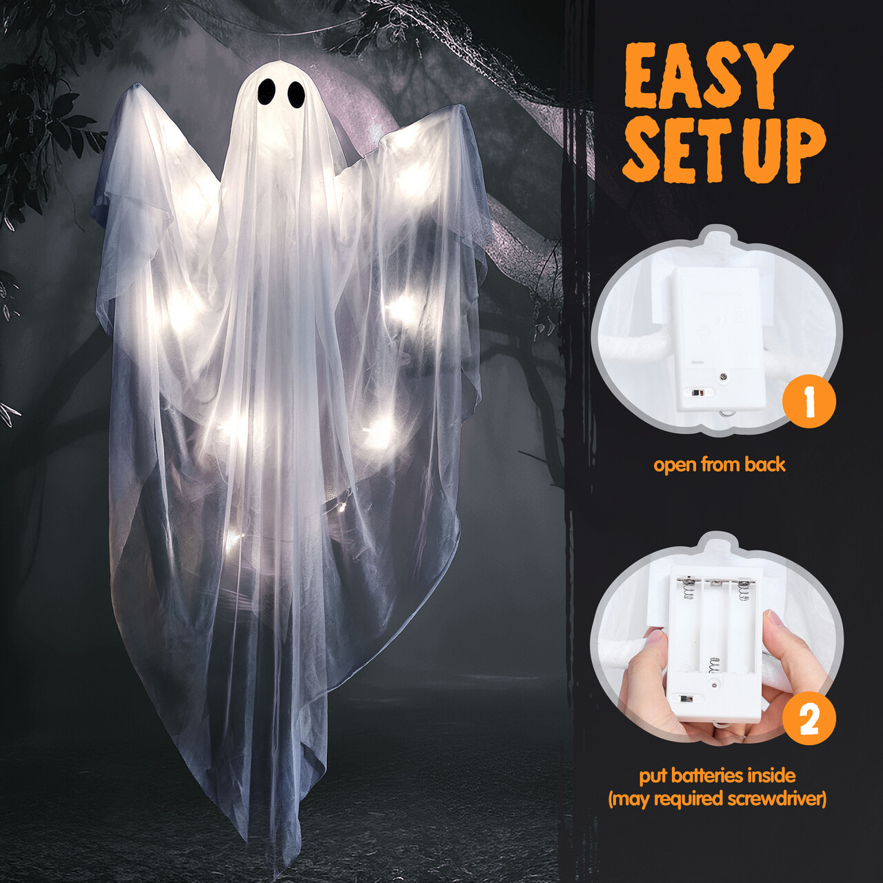 Joyfy Hanging Light-Up Ghost Decoration, White, 47 In photo 2