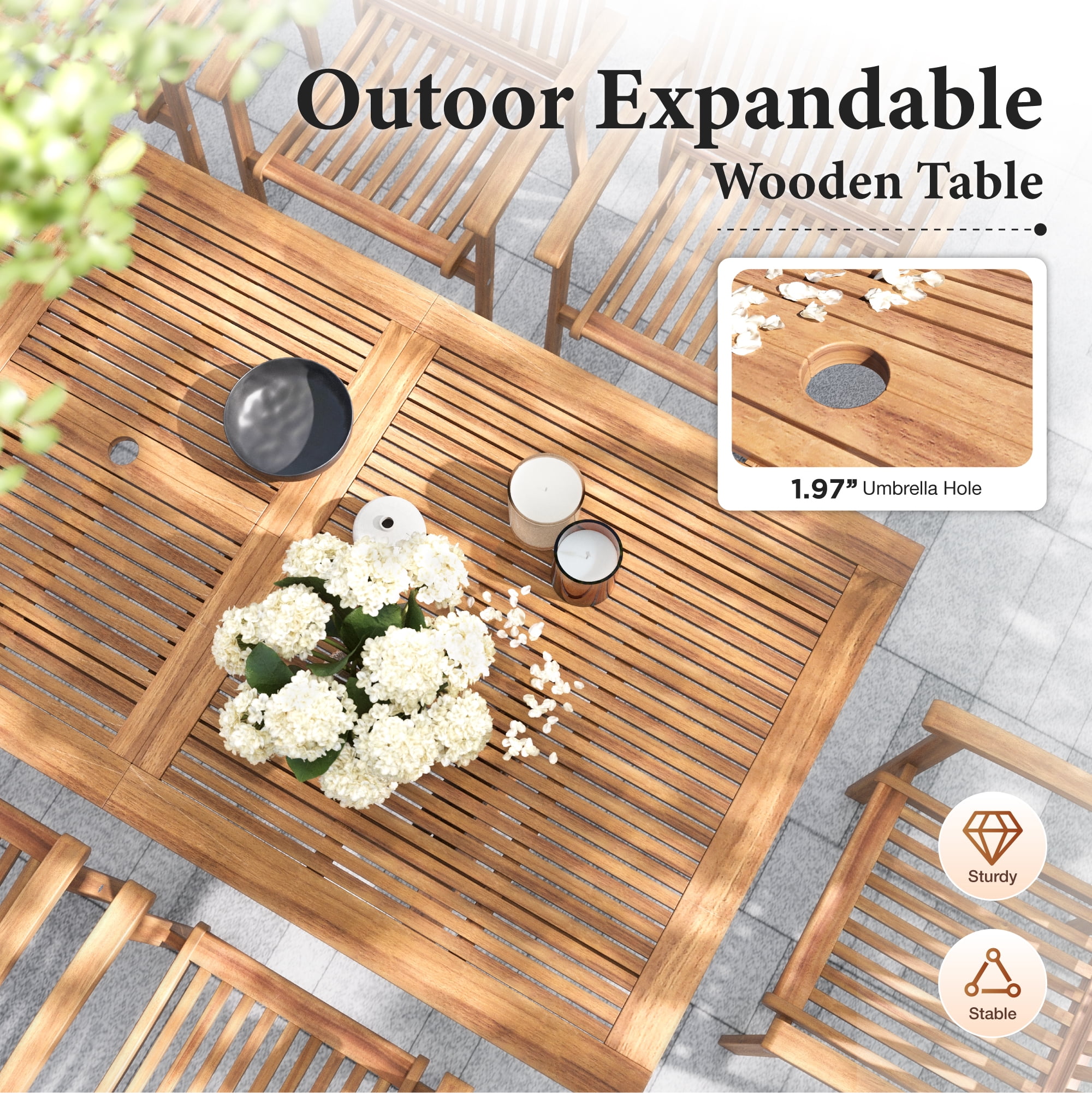 SUMMIT LIVING 9-Piece Acacia Wood Outdoor Patio Dining Set with 8 Wooden Chairs & 1 Expandable Wooden Dining Table with Umbrella Hole for 8 Person