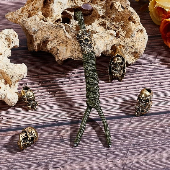 5Pcs 5 Styles Skull Head European Beads Metal Paracord Beads Knife Lanyard Beads Antique Gold Skeleton Beads Large Hole Beads Skull Loose Spacer for Jewelry Making Hole 4-5.5mm
