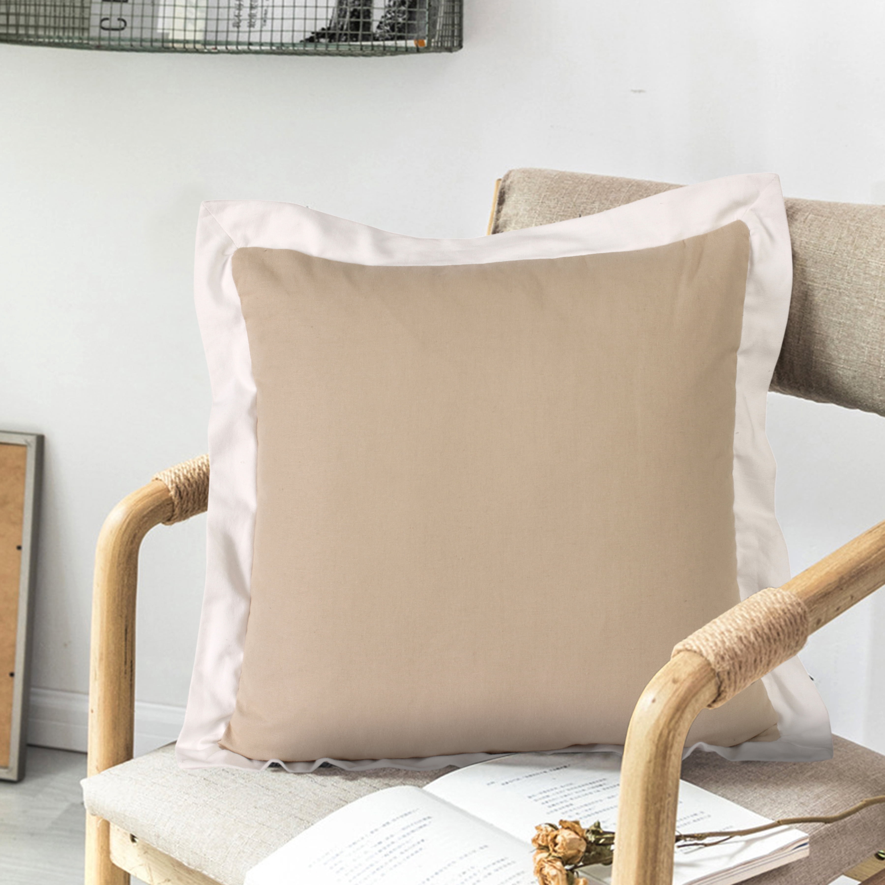 Harlow Hill Finn 20" x 20" Bordered Cotton Adult Decorative Feather Filled Pillow, Beige/White