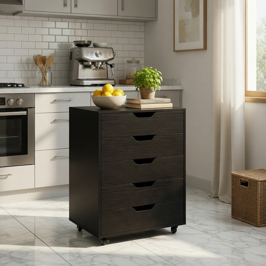 Demi Bonn 5 Drawer Mobile Lateral Filing Cabinet Storage Home Office Floor Cabinet with 4 Wheels, Black
