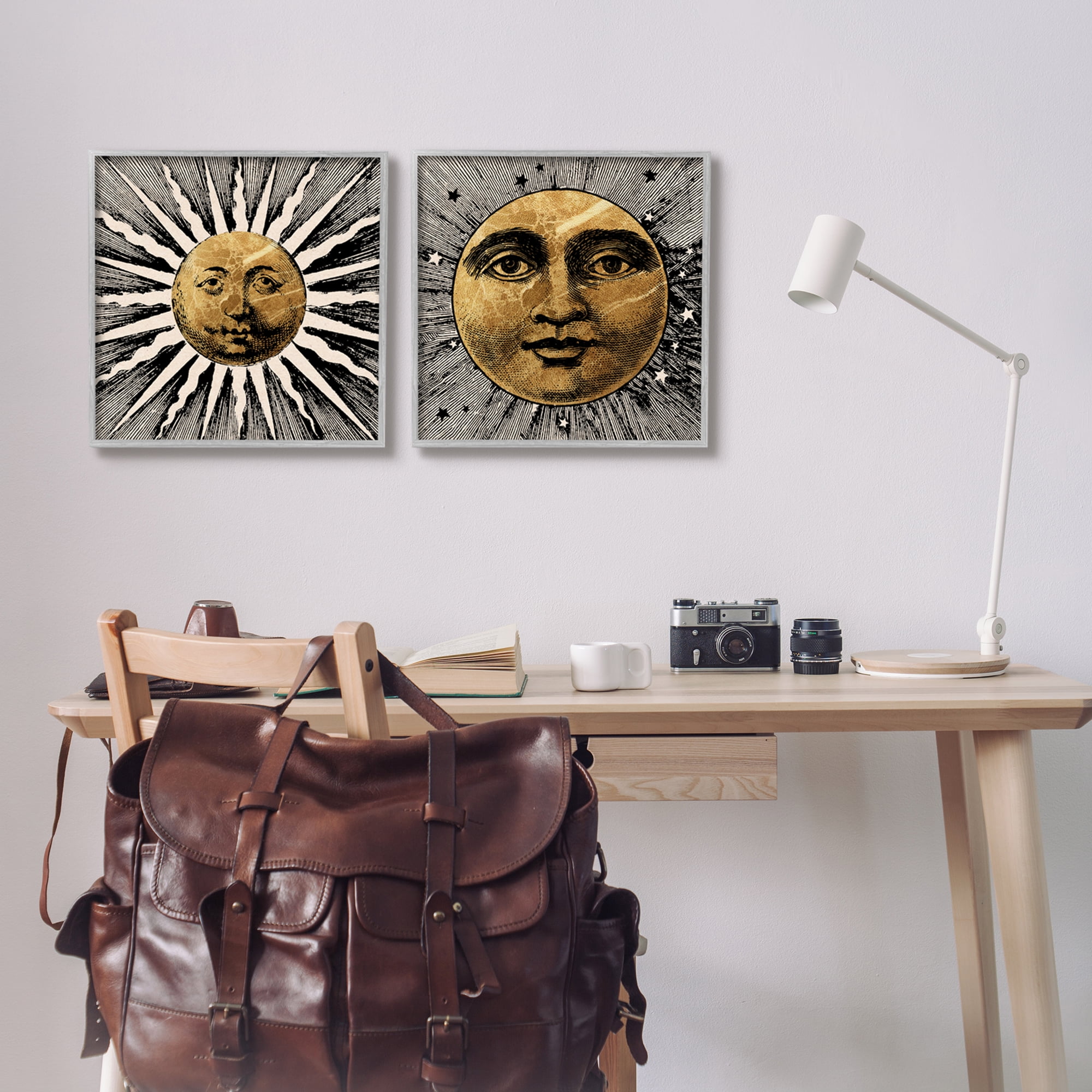 Stupell Industries Boho Sun & Moon Landscape Painting Gray Framed Art Print Wall Art, 17 x 17