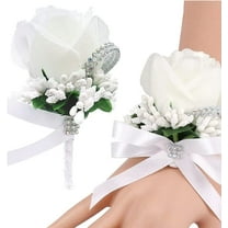 2 Pieces Rose Wrist Corsage Boutonniere Set, Artificial Bride Hand Flowers, Groom Boutonniere for Wedding Prom Party Hand Flower Decoration, Anniversary Ceremony (White)