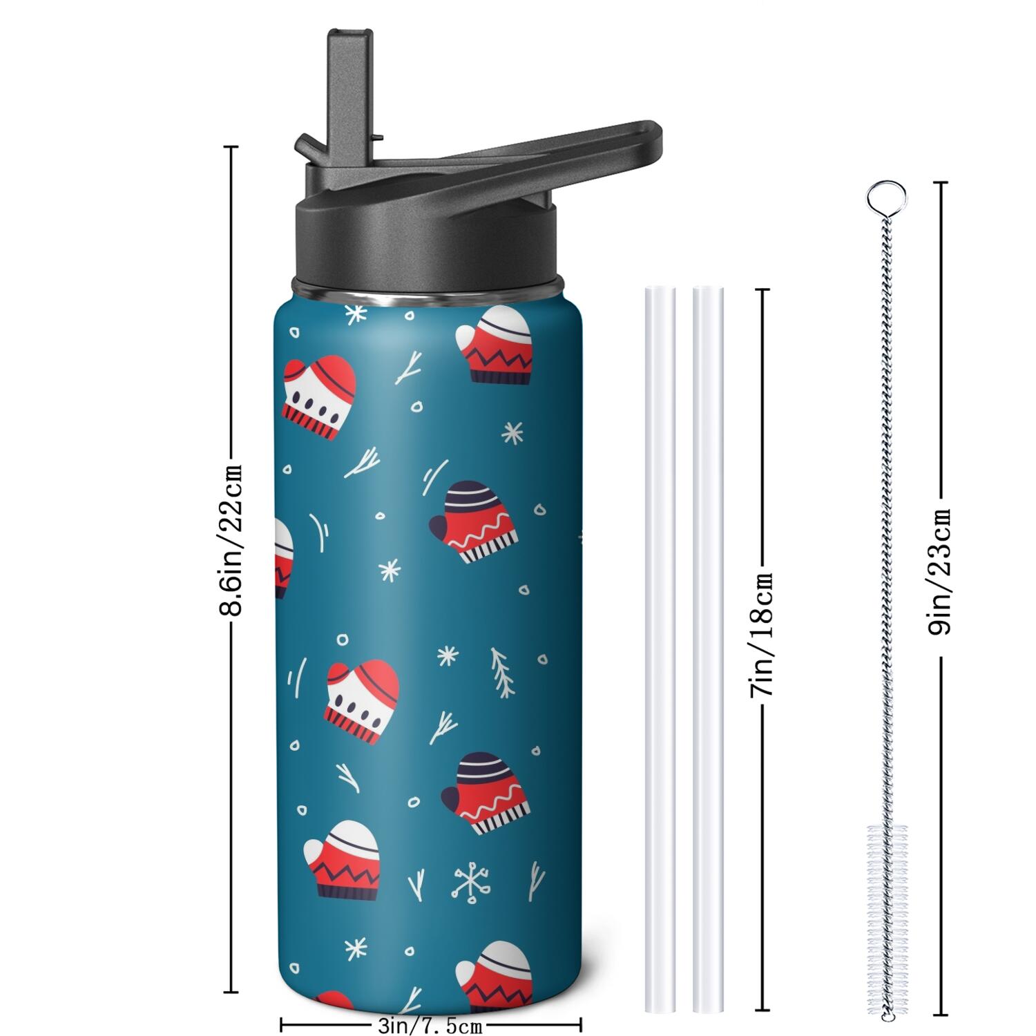 Christmas 18 oz Insulated Stainless Steel Water Bottle with Straw & Cleaning Brush , Leakproof, BPA-Free, 304 Stainless Steel, Wide Mouth, Travel Mug for Car, Gym, Office