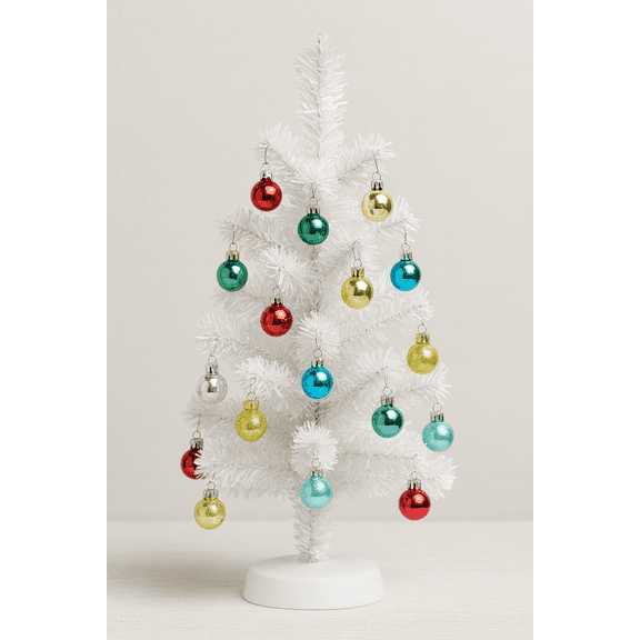 16" White Mini Christmas Tree with 15 Colorful Ornaments – Tabletop Holiday Decoration
