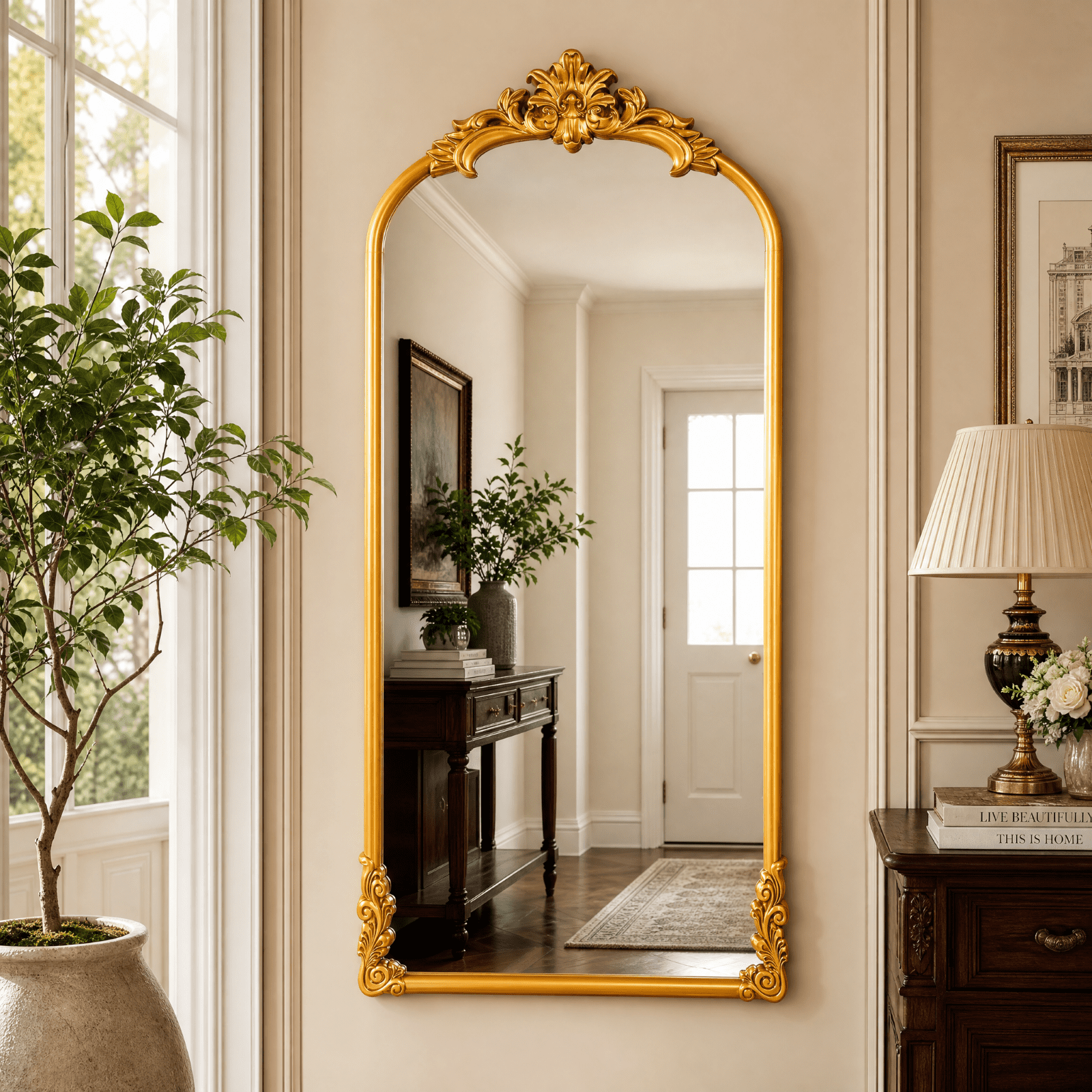 VORENTA 71"x32" Vintage Floor Mirror Arched Full Length Mirror Baroque Carved Wall Mounted Decor Traditional Ornate Mirror with Stand, Gold