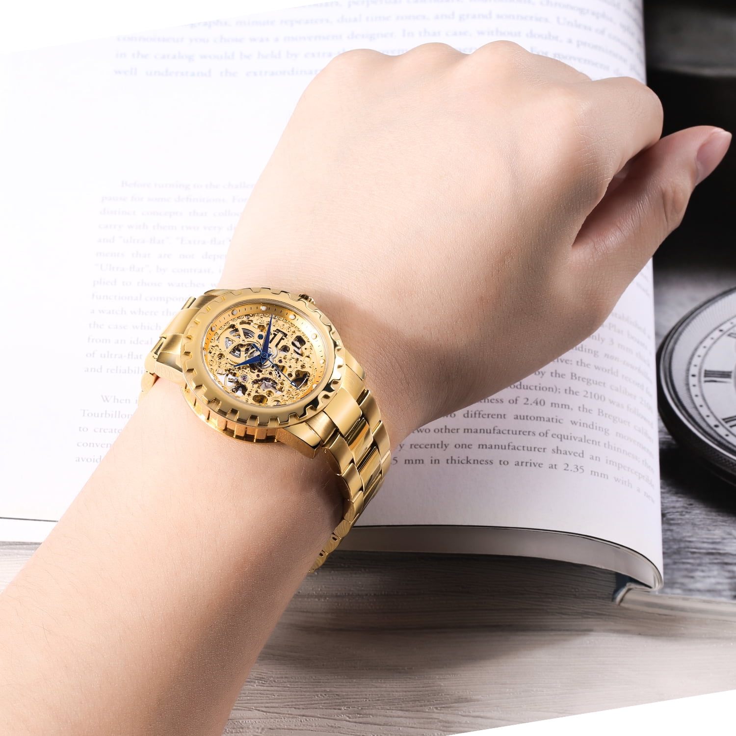 BERNY Automatic Watches for Men, Luxury Skeleton Mechanical Watch Self Winding Carved, Exhibition Caseback, Luminous, 5ATM Waterproof, Stainless Steel, Vintage Men's Wrist Watch (Gold)