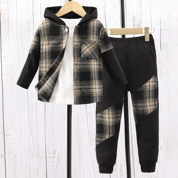 YWIYIUD Boys Two Piece Outfit Clothes Toddler Plaid Front Button Down Hoodie Sweatshirt and Jogger Sweatpants Sets Toddler Fall Winter Hoodie Set Home Wear Baby's Clothing Brown 2-3 Years