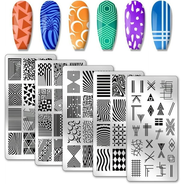 5 placas de estampado para uñas con textura geométrica abstracta, estampador de uñas con patrón de líneas, plantillas para uñas, placas de acero inoxidable con imágenes para uñas.