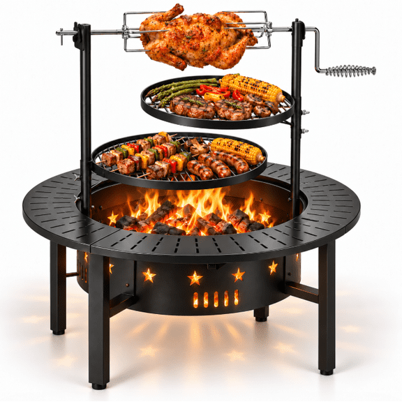 Outdoor Fire Pit with Swivel Cooking Grills, Wood Burning Fire Pit BBQ Grill Combo, Heavy Duty Patio Firepit with Rotating Grill Fork for Backyard, Deck, Camping & Picnic, 33’’ Round
