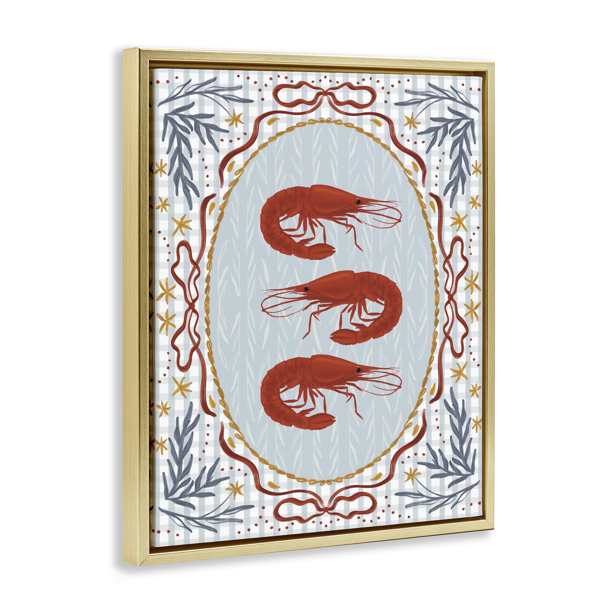 Stupell Industries Three Red Prawns on Gingham Gold Framed Floater Canvas Wall Art, design by Vero Illustrates