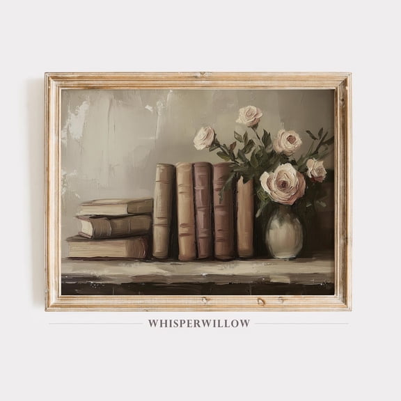 Vintage Books And Roses,, Rustic Floral Still Life Wall Art, Shabby Chic Bookshelf, Country Farmhouse Home Decor UNFRAMED Poster, Wall Art for Decor, Present, 8x12