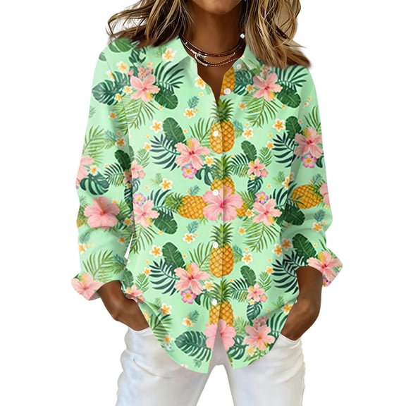 Fgvctg Hawaiian Beach Shirts for Women Tropical Printed Summer Beach Shirts Trendy Button Down Long Sleeve Shirt Casual Loose Vacation Tops Green 2XL