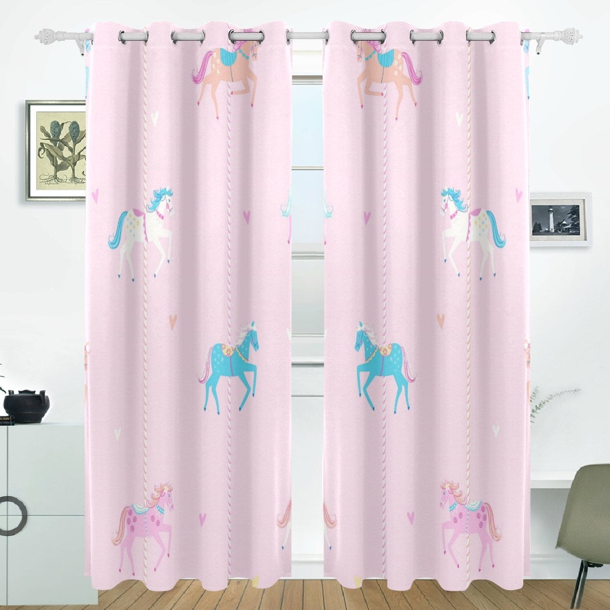 Girls room window treatment decor Pink Unicorns valance curtain Solid White valance sublimation on fabric 58 inches wide Fabric